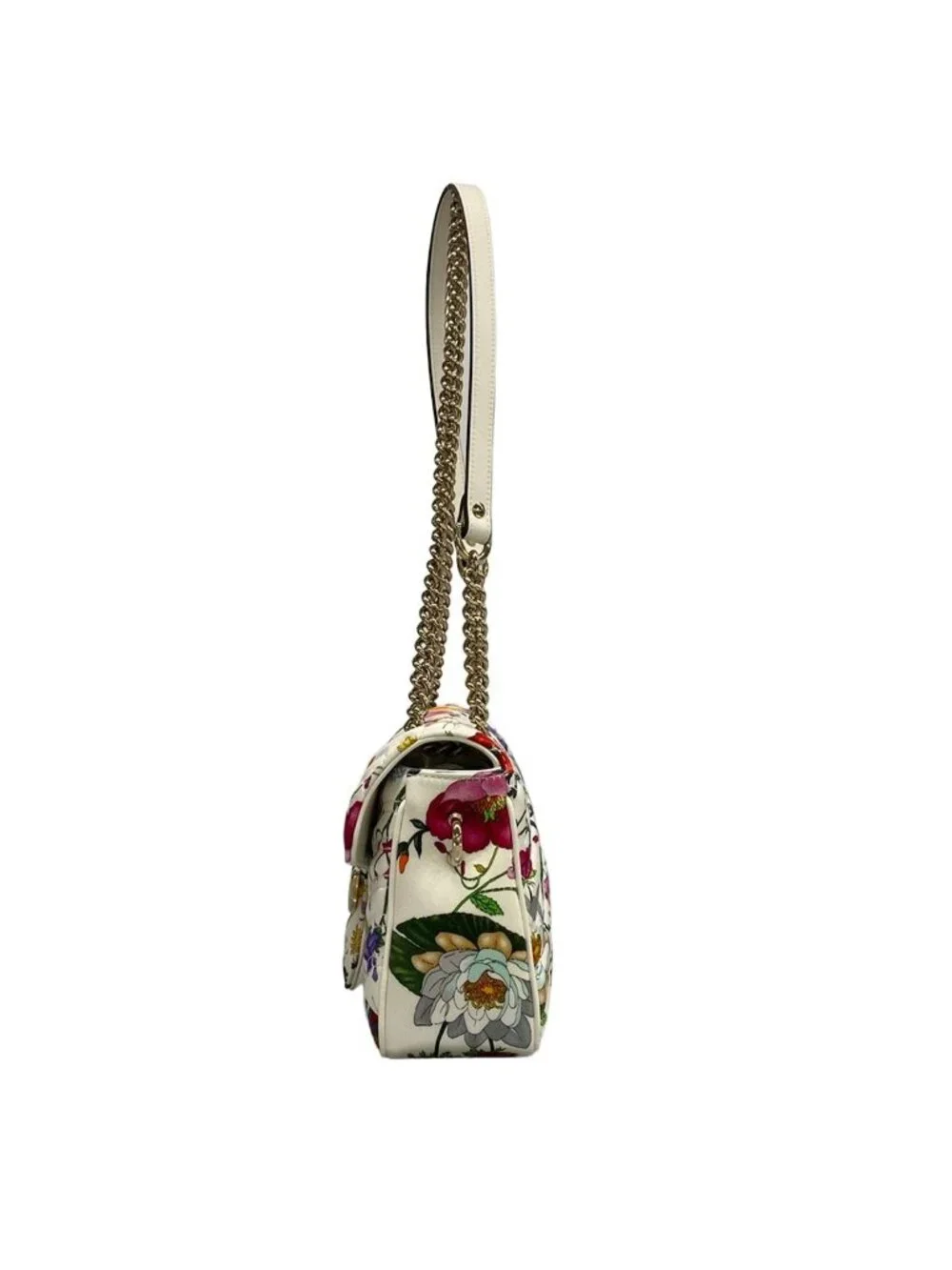 Gucci Shoulder Bag GG Marmont Quilted Medium Flora White Dark Green Multi Chain